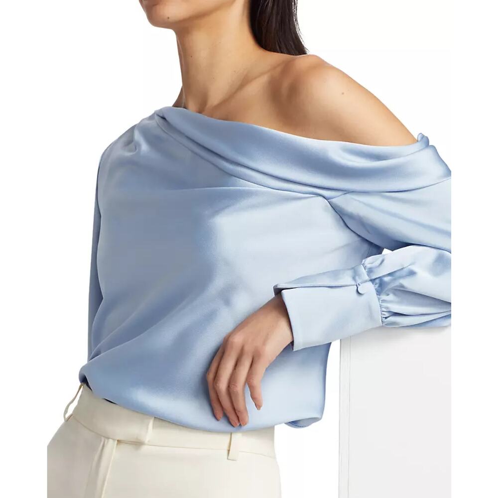 Bobbles & Lace Off the Shoulder Satin Cocktail Dress Shirt Sky Blue Size Small